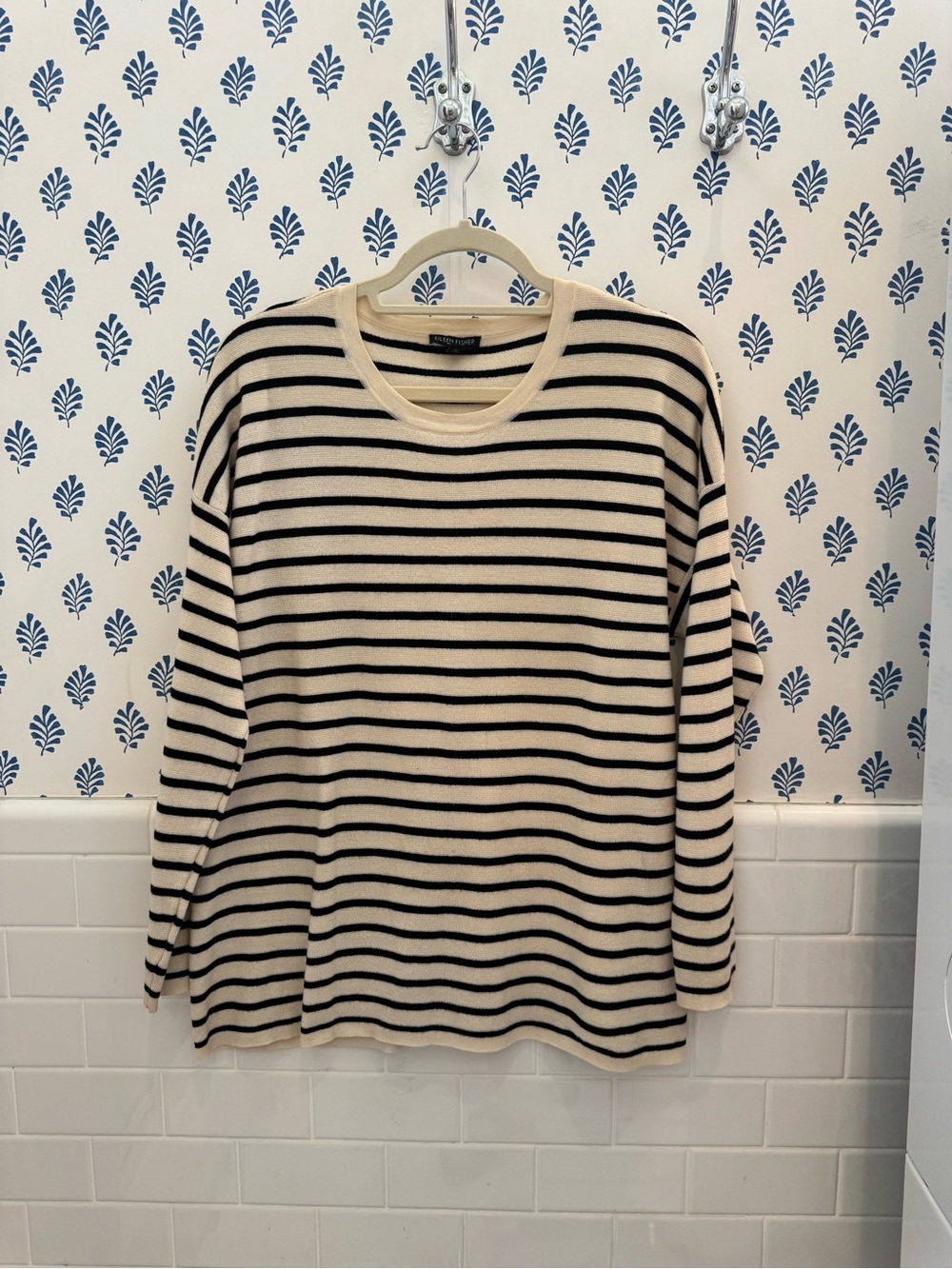 Eileen Fisher Cream and Black Striped Knit Top